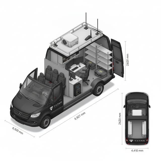 TYTAN MOBILE GROUND STATION — FINAL IMAGE GENERATION PROMPT

Create a highly realistic, technically accurate isometric cutaway illustration of a custom Mercedes-Benz Sprinter mobile flight-test ground station.

Use the attached Mercedes-Benz PDF as the vehicle reference and the attached original TYTAN TECHNOLOGIES logo for branding.

CRITICAL: Follow the interior arrangement below exactly. Spatial accuracy is more important than visual creativity.

1. Vehicle specifications

* Mercedes-Benz Sprinter PRO 311 CDI, long wheelbase, high roof, rear-wheel drive.
* Exterior: 6,967 mm long × 2,020 mm wide × 2,620 mm high.
* Wheelbase: 4,325 mm.
* Cargo compartment: 4,410 mm long × 1,787 mm wide × 2,010 mm high.
* Deep black exterior paint.
* 16-inch alloy wheels.
* Right-side sliding door.
* One fixed side window on each side behind the cab.
* Two rear cargo doors.

Do not add extra windows, doors, or seats.

2. MANDATORY TOP-VIEW BLOCK DIAGRAM

FRONT OF VEHICLE AT TOP. REAR DOORS AT BOTTOM.

          FRONT / WINDSHIELD
                  ↑
┌─────────────────────────────────┐
│ DRIVER    PASSENGER   PASSENGER │
│   ↑          ↑           ↑      │
│                                 │
├─────────────────────────────────┤
│                                 │
│       SECOND ROW BENCH          │
│                                 │
│   [SEAT]   [SEAT]   [SEAT]      │
│      ↑       ↑       ↑          │
│                                 │
│    ALL THREE FACE FORWARD       │
│                                 │
╞═════════════════════════════════╡
║             WALL A              ║
║  FULL WIDTH, FLOOR TO CEILING   ║
╞═════════════════════════════════╡
│                                 │
│ [MONITOR 1][MONITOR 2][MONITOR 3]│
│                                 │
│ ┌─────────────────────────────┐ │
│ │        COMPUTER DESK        │ │
│ └─────────────────────────────┘ │
│                                 │
│          OPERATOR SEAT          │
│               ↑                 │
│      FACING THE MONITORS        │
│                                 │
│       ECOFLOW UNDER SEAT        │
│                                 │
│                                 │
│  NO WALL — NO DOOR — OPEN SPACE │
│                                 │
│ ┌────────┐          ┌────────┐  │
│ │ LEFT   │          │ RIGHT  │  │
│ │SHELVES │          │SHELVES │  │
│ │        │          │        │  │
│ │        │  CENTER  │        │  │
│ │        │  AISLE   │        │  │
│ │        │          │        │  │
│ │        │  DRONE   │        │  │
│ │        │  CASES   │        │  │
│ └────────┘          └────────┘  │
│                                 │
├────────────────┬────────────────┤
│   REAR DOOR    │   REAR DOOR    │
└────────────────┴────────────────┘
               REAR

3. Critical interior layout

The exact front-to-rear sequence is:

Three front seats → Three-seat crew bench → Wall A → Computer desk and three monitors → One operator chair → Open storage area with shelves on both sides → Rear doors.

There is ONLY ONE interior partition: WALL A.

Front seating

* Three original front cab seats: driver and two passengers.
* Directly behind them, one factory three-person crew bench.
* All six passenger seats face forward toward the windshield.
* The second-row bench is directly in front of Wall A.

Wall A

* One solid transverse partition immediately behind the second-row bench.
* Runs across the full vehicle width.
* Extends from floor to ceiling.
* The workstation is installed on the REAR FACE of this partition.

Computer workstation

* Three 24-inch monitors mounted side by side on Wall A.
* Monitors face the rear of the vehicle.
* Full-width transverse desk, 450 mm deep, 800 mm high.
* Monitors approximately 1,680 mm wide in total.
* Original illuminated TYTAN logo above the monitors.
* Overhead locker containing radio and networking equipment.
* Cortex computer, network switch, and power strip under the desk.
* Nothing mounted on the longitudinal side walls in the workstation area.

Operator chair

* Exactly ONE swivel operator chair.
* Located behind the computer desk.
* Faces FORWARD toward the windshield and the monitors.
* Its backrest faces the rear doors.
* Mounted on a ventilated pedestal box measuring 760 × 400 × 470 mm.
* EcoFlow DELTA Pro 3 power station (693 × 341 × 410 mm) installed INSIDE the pedestal, directly underneath the chair.
* Show the EcoFlow through a cutaway opening in the pedestal.

Open rear storage — NO SECOND WALL

IMPORTANT CHANGE: WALL B HAS BEEN COMPLETELY REMOVED.

There is absolutely NO partition, NO door, and NO barrier between the operator chair and the rear storage area.

The operator workstation and rear storage occupy one continuous open space behind Wall A.

The operator must be able to approach and access the workstation directly from the rear cargo doors through the central aisle.

Behind and alongside the operator area, install:

* Four-level aluminium shelves on the LEFT side.
* Four-level aluminium shelves on the RIGHT side.
* Shelf depth approximately 400 mm.
* Shelving positioned above the rear wheel arches.
* An open central aisle approximately 990 mm wide.
* Rugged drone transport cases on the rear floor.
* A small electrical distribution box in the rear storage area.
* Blue CEE 230 V / 16 A power inlet at the lower left rear exterior.

Do not place a wall or door between the operator and the shelves.

4. Roof equipment

* Aluminium platform roof rack approximately 4.5 m long.
* Rack approximately 100 mm above the roof.
* White 230 V rooftop air-conditioning unit approximately 1,000 × 760 × 240 mm, above the operator area.
* GNSS puck antenna near the front of the rack.
* LTE/5G shark-fin antenna near the rear.
* Two whip datalink antennas at the rear rack corners.
* At least 1 m separation between antennas and the AC unit.
* Sealed roof cable entry and ceiling cable tray to the workstation.

5. Branding

Use the uploaded TYTAN TECHNOLOGIES logo exactly as supplied.

Place it on:

* Both exterior side panels.
* Both rear cargo doors.
* The illuminated console panel above the monitors.

Do not redraw, distort, recolor, or redesign the logo.

6. Camera and visual presentation

Produce one professional technical presentation image with:

* Main isometric cutaway viewed from above the LEFT side.
* Front of vehicle on the LEFT of the image.
* Rear of vehicle on the RIGHT.
* Selectively removed left-side bodywork and roof to reveal the full interior.
* Clearly visible longitudinal arrangement of the six passenger seats, Wall A, monitors, desk, operator chair, and open storage.
* A smaller TOP-DOWN VIEW showing the identical layout.
* Clean white background.
* Photorealistic materials and precise engineering linework.
* Accurate Mercedes-Benz Sprinter proportions.
* No people.

Include dimension arrows for:

* 6,967 mm overall length.
* 2,020 mm overall width.
* 2,620 mm overall height.
* 4,410 mm cargo compartment length.

7. Numbered legend

1. Three-seat crew bench
2. Wall A — only interior partition
3. Computer desk
4. Three 24-inch monitors
5. Cortex computer
6. Operator chair
7. EcoFlow DELTA Pro 3 inside chair pedestal
8. Open operator-to-storage passage — NO WALL
9. Left and right storage shelves
10. CEE 230 V / 16 A power inlet
11. Rooftop air-conditioning unit
12. Roof rack and antennas

8. Strict prohibitions

DO NOT:

* Add Wall B.
* Add any partition behind the operator chair.
* Add any interior door between the workstation and storage.
* Put monitors on the side walls.
* Rotate the workstation desk along the van length.
* Make the operator chair face backward.
* Put the EcoFlow beside the chair.
* Add a second operator chair.
* Reverse the crew bench.
* Block the central passage from the rear doors to the operator chair.
* Change the original TYTAN logo.
* Invent extra vehicle features.

FINAL VALIDATION: The entire area behind Wall A must be ONE CONTINUOUS OPEN INTERIOR. The computer workstation is at the front of this open area, the operator chair faces forward toward the monitors, and storage shelves run along the left and right sides toward the rear doors. There is NO WALL B and NO SECOND INTERIOR DOOR.

Generate the final engineering cutaway image according to this exact arrangement.