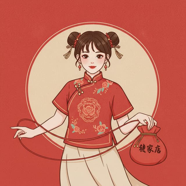 你是一名视觉传达设计的学生，你的毕业设计选题为乡村振兴，根据你了解到的关于淄博博山谢家店村的历史文化，最终的作品将以包装设计为延伸，首先创立独属于谢家店村的品牌形象，你想采用“丁桂霞”的红娘形象作为品牌的ip，请为此生成符合的人物ip。