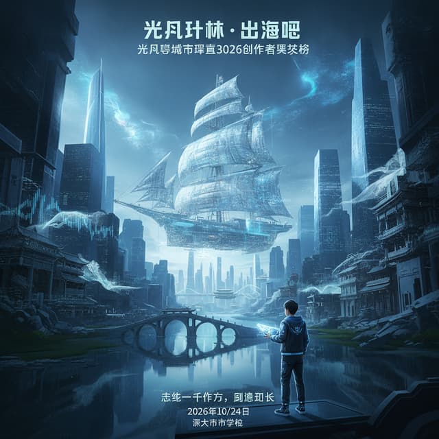 竖版概念海报，未来考古风格，主题为“城市寓言3026”。以杭州城市文化为核心：西湖水面、古桥、老街巷、传统手艺纹理、方言声波、未来城市遗迹与巨大透明光帆融合。画面中央是一艘由城市记忆、文字碎片、丝绸纹理和数字光线构成的未来光帆，穿越冷峻的蓝黑色未来城市。远处有超现实的杭州天际线、山水、桥梁和数据星云；前景站着一位年轻创作者，手持发光设备，面向未来。整体采用银白、冰蓝、青绿色高科技配色，电影级光影，强烈空间纵深，具有国际化科技艺术节海报质感。
光帆计划·出海吧
光帆杯城市寓言3026创作者黑客松
站在一千年后，回望此刻
2026年10月24日
浙大城市学院