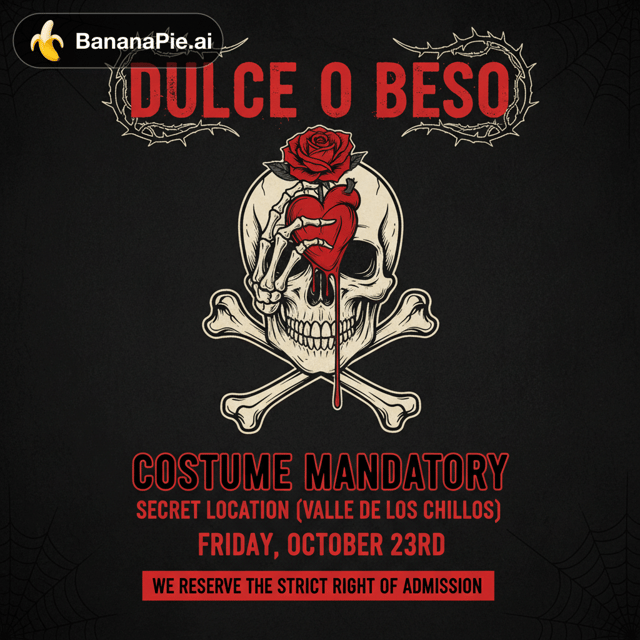 Deseo crear un flyer para una fiesta titulada “Dulce o Beso”. La paleta de colores debe ser de color negro con rojo Sangre y que sea un esqueleto de halloween. Tiene que incluir como cuerpo: Disfraz obligatorio.
Secret Location (Valle de los Chillos) y que enga como fecha el Viernes 23 de octubre. Además debe ncluir en lo pequeño: Nos reservamos el estricto derecho de admisión