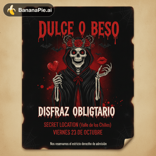 Deseo crear un flyer para una fiesta titulada “Dulce o Beso”. La paleta de colores debe ser de color negro con rojo Sangre y que sea un esqueleto de halloween. Tiene que incluir como cuerpo: Disfraz obligatorio.
Secret Location (Valle de los Chillos) y que enga como fecha el Viernes 23 de octubre. Además debe ncluir en lo pequeño: Nos reservamos el estricto derecho de admisión