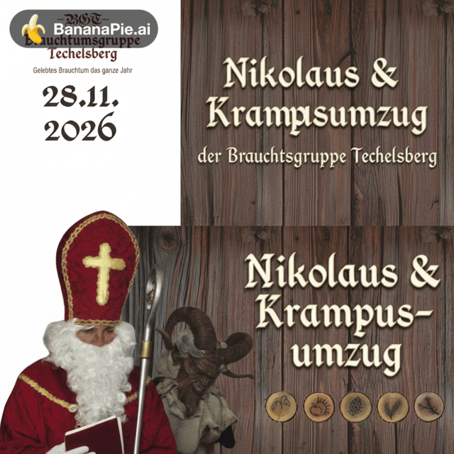 entferne rechts die  Glocken und was da noch so ist übernim die grafick vom Banner , Ändere den Text auf : Nikolaus & Krampusumzug der Brauchtumsgruppe Techelsberg