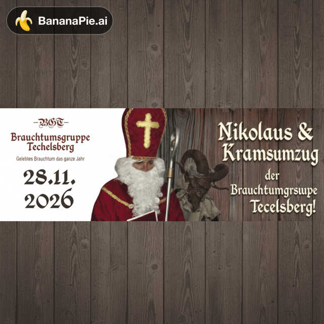 entferne rechts die  Glocken und was da noch so ist übernimm die Grafik vom Banner , Ändere den Text auf : Nikolaus & Krampusumzug der Brauchtumsgruppe Techelsberg! Behalte das Format von4:1 Panoramaformat (1200 x 300 Pixel). den Text Nikolaus und Krampusumzug nur einmal. du hast ihn doppelt geschrieben