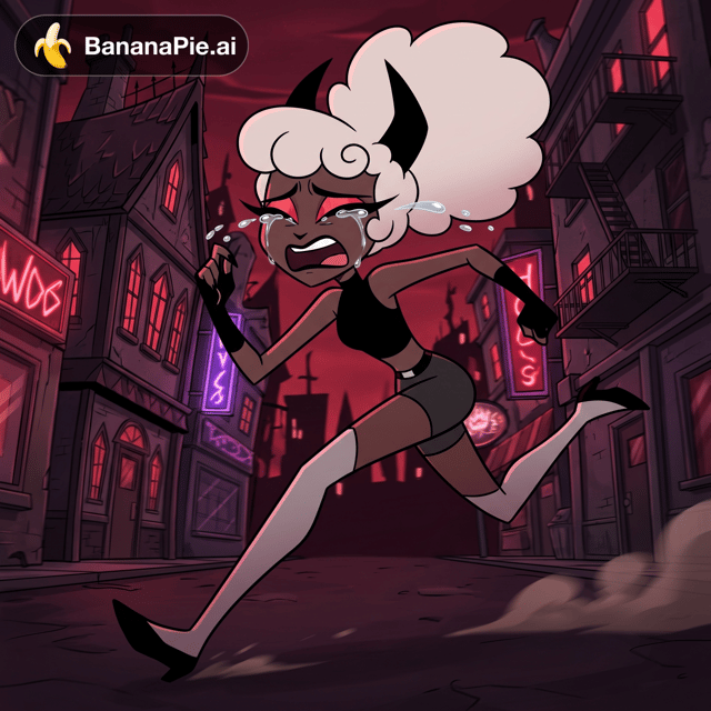 Clara Carmine (Carmilla Carmine daughter) running and sobbing with tears. Art in Hazbin hotel style