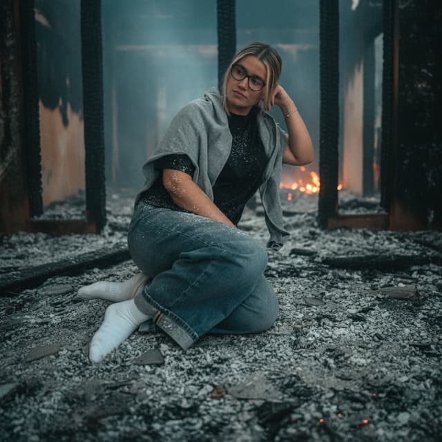 Keep the woman exactly as she is: same face, glasses, hair, body, pose, jeans, black t-shirt and grey sweater. Do not alter her features. Replace the entire background and sofa with the interior of a burned-down house: charred collapsed walls, blackened beams, ash-covered floor, broken glass, smoldering embers, drifting smoke, a faint orange glow from distant fire. Cinematic lighting, moody teal-and-orange grade, shallow depth of field, film grain, 16:9, photorealistic. Add light soot and ash dust on her clothes, a few smudges on her cheek and hands, and match the lighting on her to the fire glow.
