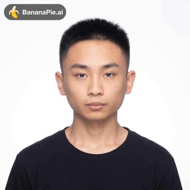 A close-up ID photo of the subject with a pure white background, glasses digitally removed, clothing changed to solid black, subtle and natural skin smoothing applied to enhance skin texture without losing realism, maintaining accurate facial features for clear recognition, clean and professional style.