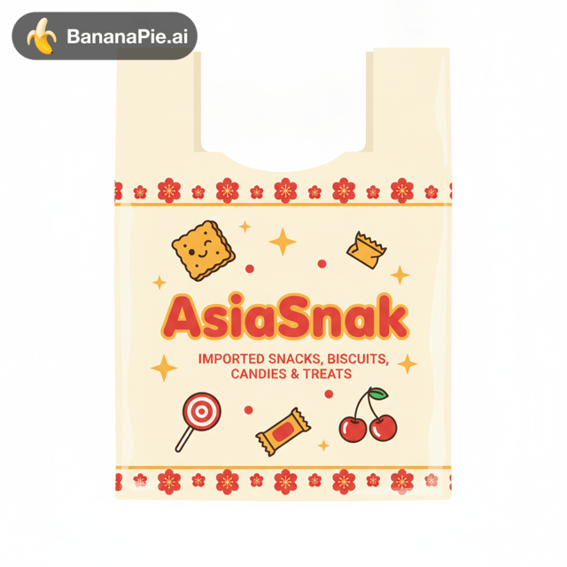 Design a professional plastic shopping bag for a snack brand named **“AsiaSnak”**.

**Design style:** Cute, modern, playful, youthful, clean and memorable. The design should reflect an Asian snack shop selling imported snacks, biscuits, candies and treats.

**Branding:** Make “AsiaSnak” the main focus, with large, bold, easy-to-read typography. Keep the spelling exactly as “AsiaSnak”.

**Visual elements:** Add a few simple, charming snack-inspired illustrations, such as a biscuit, candy, snack packet, cherry or small star. Use tasteful Asian-inspired design details without making the bag look traditional or old-fashioned.

**Color palette:** Warm cream or white background, combined with vibrant red, orange and muted yellow accents. Use a limited color palette for affordable plastic bag printing.

**Layout:** Clean composition, strong brand visibility, balanced spacing, attractive from a distance. Include a simple decorative pattern or small illustrations around the logo, but keep the center logo prominent.

**Printing requirements:** Flat 2D graphic design, front view of the shopping bag, suitable for plastic carrier bag printing, bold outlines, high contrast, minimal gradients, no complex textures, no unnecessary fine details.

The final design should look like a real, commercially usable snack shop shopping bag, not a luxury boutique bag.

Do not change the brand name. No misspelled text, no extra logos, no watermark.
