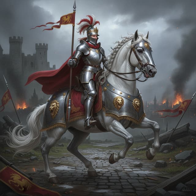 Queen riding big white horse with full plate armor. She also wears spurs and kick the horse.