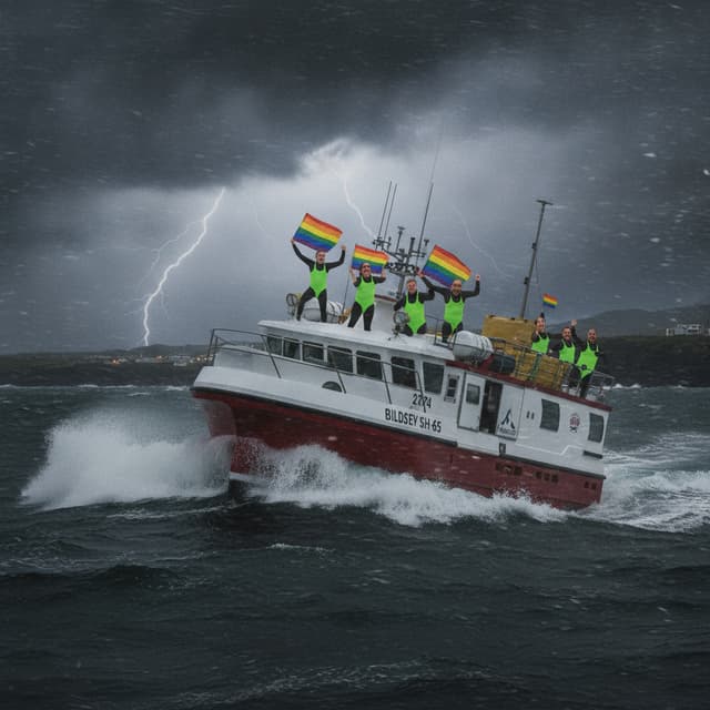 Statek Bildsey sh65. Stwórz 15sec wideo jak wraca na lad w czasie sztormu a załoga stoi na górnym pokładzie ubrana w strój borata i macha flagami lgbt