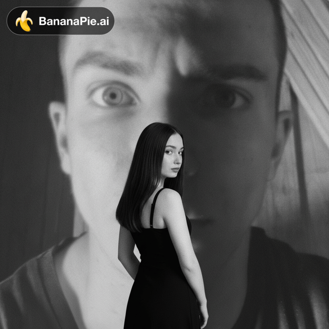 Create a realistic shot. The faces must be exact replicas of the source photos.
In the foreground, a young woman with long hair stands with her back to the camera, her head turned to the side. She is wearing a black dress with straps, and her hands are behind her back. In the background is a huge, close-up image of another person's eyes and eyebrows.The eyes are expressive. The atmosphere is mysterious and contemplative. Studio lighting. Black-and-white color palette with deep shadows. Shot in the style of an iPhone 5 photo, resembling a candid snapshot. The light is subdued, melancholic, and soft. There is motion blur.