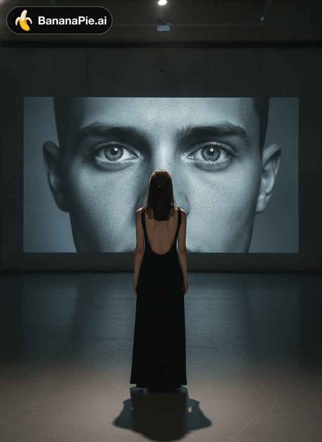 A slender young woman with wavy hair tied loosely up, wearing a minimalist backless black dress, seen from behind as she stands in front of a monumental gallery installation. Her hands rest quietly at her sides as she observes a massive, floor-to-ceiling high-definition projection onto an industrial concrete wall. The projection screen reveals an extreme closeup of a man's piercing eyes looking out into the room with profound emotional intensity, realistic skin texture and dramatic contrast in iris detail.
Moody, dim museum ambience with directional top spotlight sculpting the woman's silhouette and shoulder blades. Ambient blue-grey light radiates from the projection, casting faint reflections on the smooth floor.
Contemporary editorial
photography, 35mm aesthetic, rich shadows, crisp focus, quiet artistic tension.