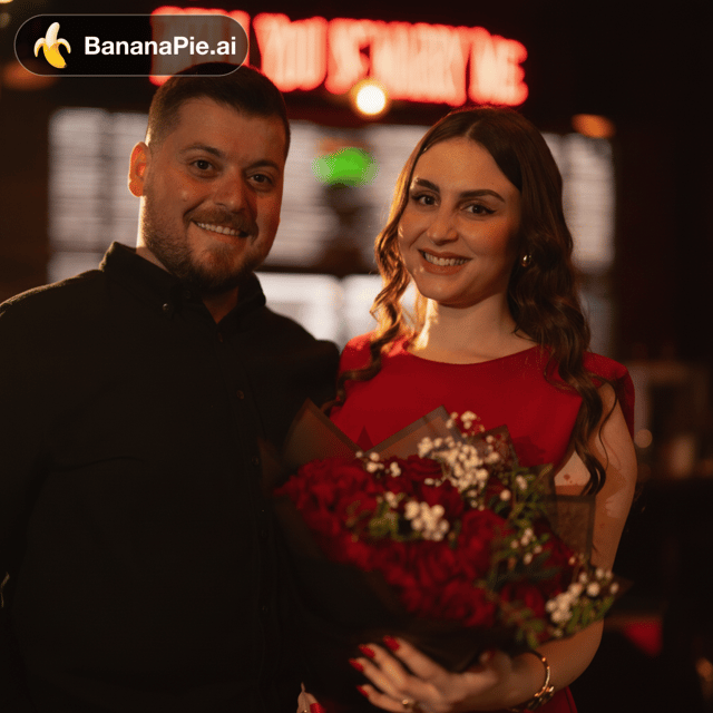 بدون ما تغير تفاصيل الوجوه ، بدي الاضاءه الخلفية النيون يكون مكتوب فيها will you marry me بطريقة كمان ما تكون واضحة وتحسن الالوان