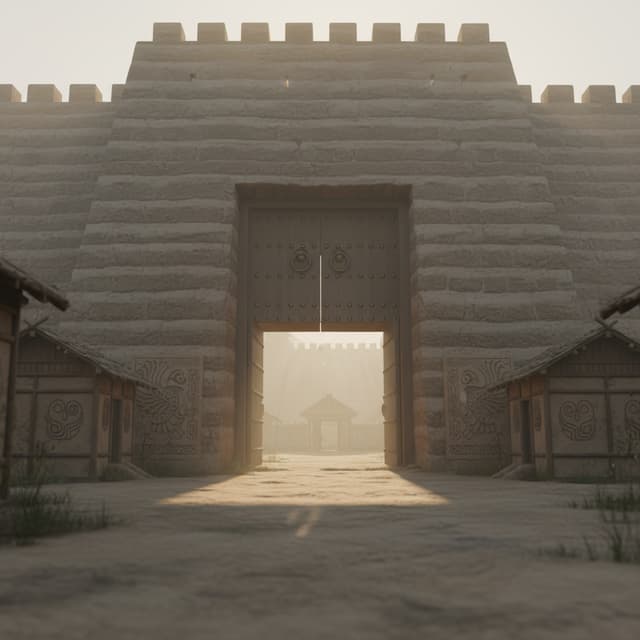 中文说明:精品,XR 电影概念图,第一人称沉浸式 VR 场景,先秦楚国城门,厚重巨大夯土墙,带有分层夯筑痕迹,巨型实木城门配青铜门环,墙体与木门在镜头前被淡淡的神性暖光逐步点亮。城门内部,古庭院自然铺展,贴合真实物理地平面,平整地面,散落楚式木屋、矮土墙,楚文化凤鸟云纹图腾,野艾与古杂草,柔和环境体积雾,朦胧拂晓氛围,电影景深,PBR 物理渲染,UE5,Niagara 大气粒子,自然阴影,土赭、灰棕色调,考古考据向,符合历史,无现代建筑,360 全景背景。modern building, concrete, cars, people, plastic, bright neon, over saturated color, deformed wall, floating objects, cartoon, anime, ugly, blurry, extra limbs, distorted perspective