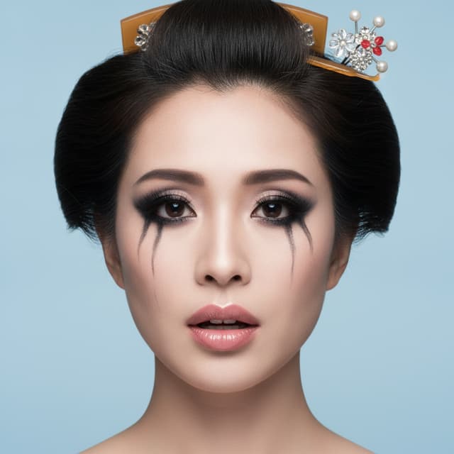 Crea fotoritratto in primo piano di donna giapponese di 48 anni con acconciatura Shimada e bocca con labbra enormi e carnose. Applica mascara pesante e gotico attorno agli occhi. Sfondo neutro colore blu chiaro