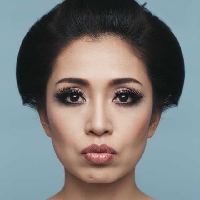 Crea fotoritratto in primo piano di donna giapponese di 48 anni con acconciatura Shimada e bocca con labbra enormi e carnose. Applica mascara pesante e gotico attorno agli occhi. Sfondo neutro colore blu chiaro. Prendi la pelle un po' più vissuta rovinata e l'età sui 50 anni e le labbra falle enormi e chiuse