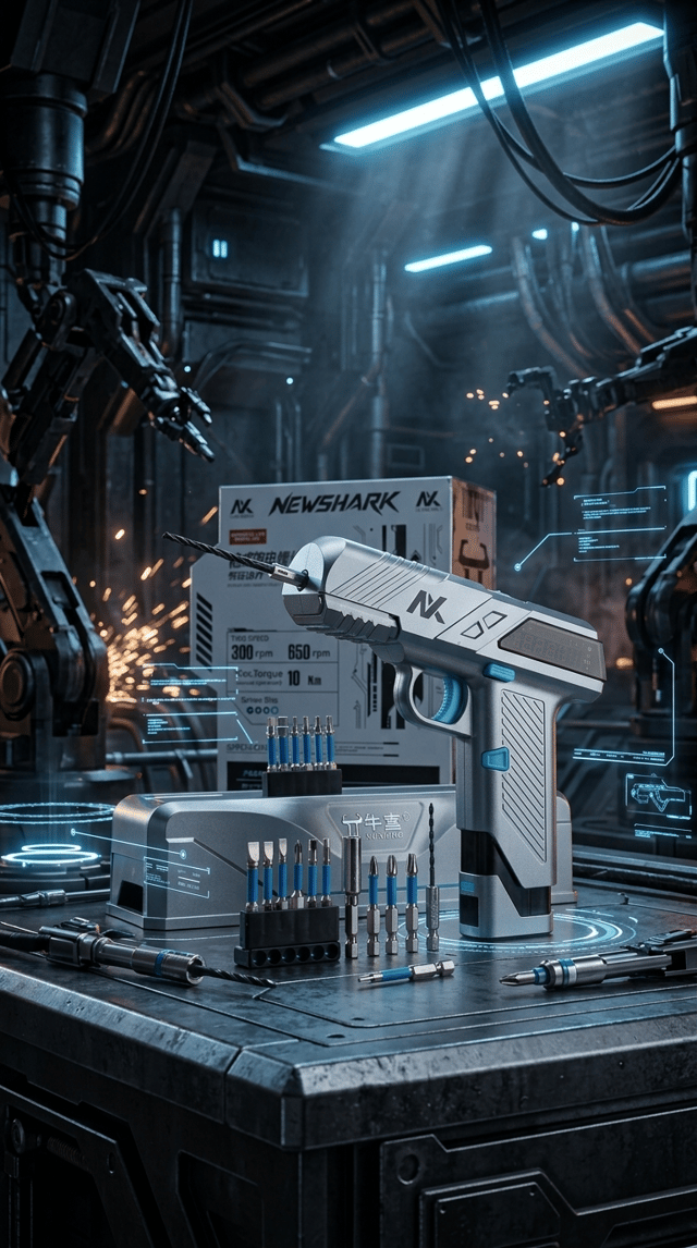 8K超高清,Keyshot商业产品渲染,佳能EOS R5,专业产品摄影,枪式锂电螺丝批,银灰机甲机身搭配青蓝色按键,旁边摆放全套批头、钻头、产品包装盒、金属收纳底座,产品完整保留原样。场景为未来科幻维修舱,工业机甲风,深色金属舱壁,悬浮蓝色全息线条,地面带发光科技圆环,背景有机械臂、嵌入式工具、长条形工业顶灯,冷蓝色霓虹光效,丁达尔光束,金属材质细腻反光,环境光柔和,产品主体清晰突出,景深,干净高级,电商主图质感,赛博朋克硬核科技车间,细节丰富,材质真实,写实摄影,产品主体结构不变