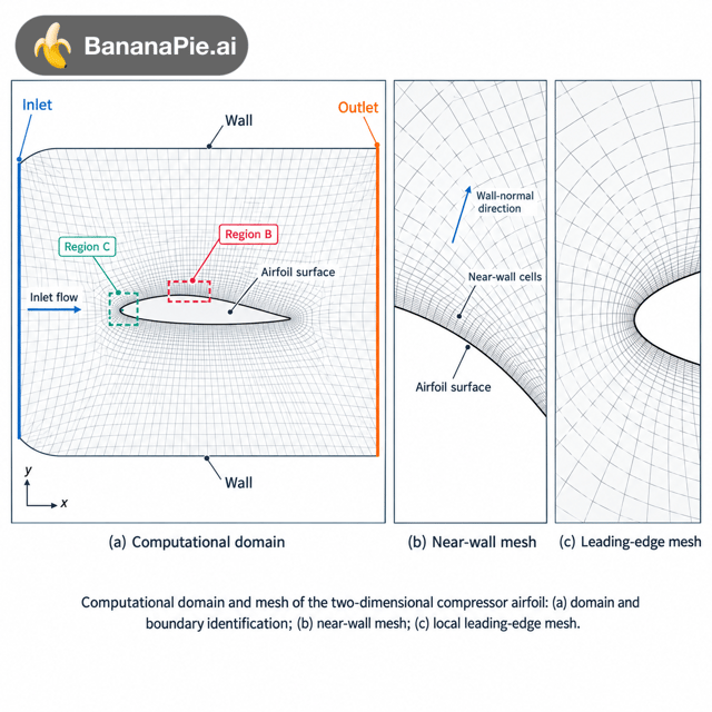 Create a publication-quality three-panel scientific figure illustrating the computational domain, boundary identification, and local mesh resolution for a two-dimensional compressor airfoil CFD model.
The figure must describe the supplied computational model faithfully. Use the actual airfoil coordinates, mesh files, or mesh screenshots as geometric references whenever provided. Preserve their topology and connectivity rather than replacing them with an invented mesh.
LAYOUT
Use a clean landscape composition with three panels arranged from left to right:
(a) Computational domain
(b) Near-wall mesh
(c) Local mesh detail
Give panel (a) approximately 50% of the available width and panels (b) and (c) approximately 25% each. Align panel boundaries and place modest, consistently sized subfigure captions below the panels.
Use a white background, restrained colours, crisp technical lines, and balanced whitespace. Do not place a large title above the figure.
PANEL (a): COMPUTATIONAL DOMAIN
Show the complete two-dimensional computational domain containing the compressor airfoil.
Clearly identify:
• Inlet
• Outlet
• Airfoil surface
• Other boundaries actually present in the supplied model
If the model uses periodic passage boundaries, label the corresponding pair “Periodic boundary” and visually indicate their correspondence. Do not introduce periodic boundaries unless they are part of the actual model.
Show a small coordinate system with x and y axes and one unobtrusive inlet-flow direction arrow.
Display the actual mesh sufficiently lightly that the airfoil and domain boundaries remain visually dominant. Preserve the supplied structured, unstructured, or hybrid topology.
If verified domain dimensions are supplied, annotate them using the given values or chord-normalized distances. Otherwise omit dimension values.
Mark two regions of interest:
• Region B: a near-wall section of the airfoil
• Region C: the leading-edge or trailing-edge region shown in panel (c)
Use fine outlines and unobtrusive connectors to associate these regions with their enlarged views.
PANEL (b): NEAR-WALL MESH
Show a genuine enlarged view of Region B from the same mesh.
Make the airfoil surface, first near-wall cells, and outward mesh spacing clearly visible. Show the progression from fine near-wall resolution to the surrounding mesh without exaggerating or altering the original spacing.
Use only a few short labels where necessary:
• Airfoil surface
• Near-wall cells
• Wall-normal direction
If the actual mesh does not contain identifiable layered cells, preserve its true topology and use “Near-wall refinement” instead of inventing boundary-layer layers.
Do not add numerical first-cell heights, layer counts, growth ratios, or y⁺ values unless they are supplied and verified.
PANEL (c): LOCAL MESH DETAIL
Show a genuine enlarged view of Region C, using either the leading edge or trailing edge according to the supplied data.
For a leading-edge view:
Show how the actual cells resolve the nose curvature and connect to the surrounding mesh.
For a trailing-edge view:
Show how the actual cells resolve the trailing-edge geometry and connect to the downstream region. Include wake refinement only if it exists in the supplied mesh.
Do not sharpen, round, thicken, or otherwise modify the airfoil geometry to make the mesh look cleaner.
Caption the panel accordingly:
“(c) Leading-edge mesh”
or
“(c) Trailing-edge mesh”
SCIENTIFIC CONSISTENCY
All enlarged views must come from the same computational mesh shown in panel (a).
Keep the same orientation throughout the figure. Do not mirror the airfoil or reverse the inlet and outlet between panels.
Do not display crossed cell edges, disconnected cells, or invented improvements. If the source mesh contains a visible problem, retain it for review rather than silently correcting it.
Do not add CFD contours, shock waves, streamlines, pressure distributions, or performance values. This figure explains the domain and mesh, not the computed flow solution.
Do not include a mesh-independence curve unless actual mesh sizes and corresponding computed results are provided. Any such curve must be plotted separately from verified data.
VISUAL STYLE
Use:
• Black or dark charcoal for the airfoil boundary
• Thin neutral-grey lines for the mesh
• Muted blue for inlet identification
• Muted orange for outlet identification
• A restrained teal accent for confirmed periodic boundaries
• Dark-grey text and fine annotation leaders
Mesh lines must remain distinguishable at final publication size without overwhelming the geometry. Use consistent line weights and avoid unnecessarily dense labels.
Use Arial or another clean journal-compatible sans-serif font. Keep annotation text readable at approximately 8–10 pt at the final figure width of 180 mm. Subfigure captions should be only slightly larger.
Avoid oversized headings, coloured background cards, gradients, shadows, three-dimensional effects, decorative icons, and watermarks.
DATA AND OUTPUT REQUIREMENTS
Do not invent the solver, turbulence model, operating conditions, grid size, or convergence criteria. These should be documented in a separate simulation-settings table.
If actual mesh data or screenshots are unavailable, produce only a conceptual layout and visibly label it:
“Conceptual schematic — not the computational mesh.”
Prefer editable SVG or vector PDF output when genuinely supported. If only raster output is available, provide a high-resolution reference image without claiming it contains editable vector geometry.
Suggested caption:
“Computational domain and mesh of the two-dimensional compressor airfoil: (a) domain and boundary identification; (b) near-wall mesh; (c) local leading-edge or trailing-edge mesh.”