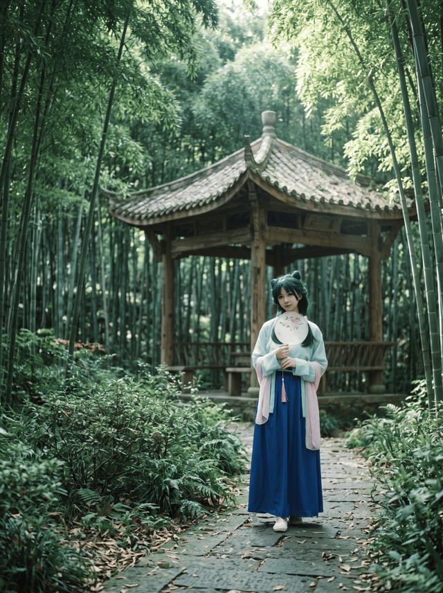 ### 正向提示词(适配图二深度图背景融合,贴合原图光照逻辑)
写实摄影,中式古风竹林园林,茂密青翠的原生竹林,林间坐落一座古朴木质四角凉亭,青石板小径蜿蜒穿行,前景排布低矮翠绿灌木丛,白日柔和漫射光,竹叶缝隙漏下斑驳树影,轻微丁达尔效应,光线从画面右上方自然洒落,环境漫反射柔和,明暗过渡自然,35mm 电影定焦镜头,浅景深,背景自然虚化,焦外散景柔和,柯达金 200 胶片质感,细微胶片颗粒,低饱和青绿色调,清冷雅致氛围,空间纵深感强,植物纹理真实细腻,电影级自然光影
### 负面提示词(针对性去除 AI 油腻感)
AI 生成痕迹,油腻质感,过度锐化,高饱和失真,塑料感植物,卡通插画,手绘二次元,人物变形,面部崩坏,虚假硬阴影,过曝死黑,拼接违和,边缘生硬,过度磨皮,虚假纹理,现代建筑,现代人群,杂乱杂物