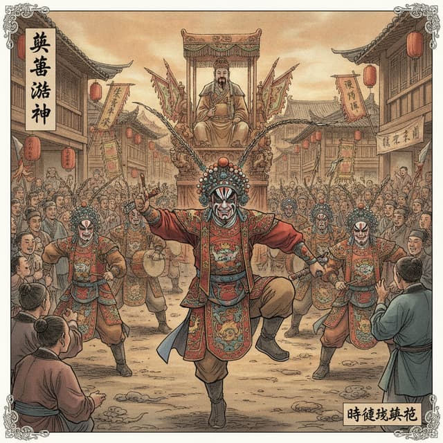 生成一張中國古風漫畫，以英歌舞為主題，場景古樸、熱鬧，體現遊神的隆重，以“時遷”為畫面主要人物。