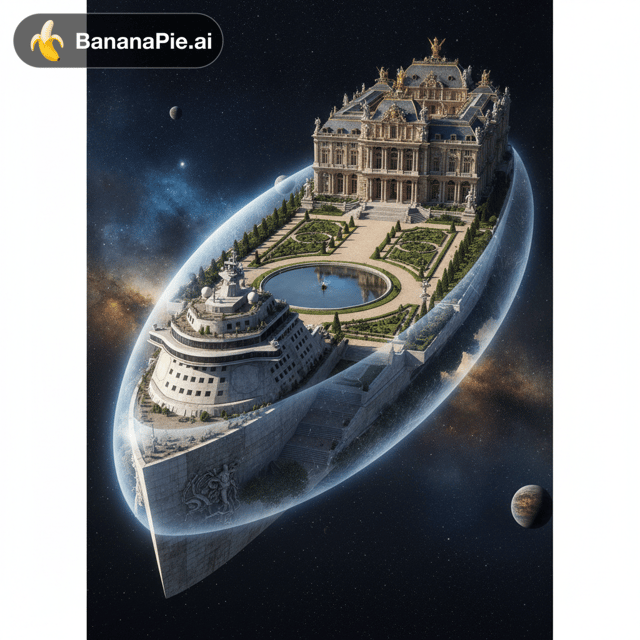 ```html
render_generated_image
prompt is a massive luxurious spaceship sailing through deep outer space, shaped like a modern mega luxury cruise liner with elongated elegant hull, entire exterior enveloped by a soft glowing translucent protective energy aura ring that creates a habitable atmosphere bubble inside, the bow features a sharp angular vertical facade resembling an Arleigh Burke-class Aegis destroyer but constructed from realistic weathered stone-like material with classical stone texture, rising from the top of this stone bow facade is a grand opulent European-style palace with ornate baroque architecture, columns, balconies and golden accents, the rear of the palace forms a large inverted U-shape structure, nestled inside the inverted U is an exquisite formal French garden complete with a central reflective pond, elegant gravel pathways circling the pond, and the outermost perimeter lined with meticulously trimmed geometric hedges and manicured shrubs, the entire garden terraces gracefully downward in cascading steps toward the stern of the ship, dramatic cosmic background filled with stars, distant nebulae and planets, cinematic lighting, ultra-detailed photorealistic style
orientation is landscape
```