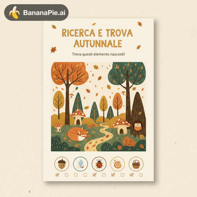 📋 PROGETTO: "Ricerca e Trova Autunnale"
- Formato: 30 pagine A4 (digitale/stampabile)
- Target: Bambini 3–6 anni
- Tema: Bosco autunnale, magia naturale

🎨 STILE VISIVO:
- Caldo, amichevole, NON spaventoso
- Linee organiche (non geometric freddo)
- Palette: Oro #D4A574, Verde Bosco #2D5A3D, 
  Arancione #E8934D, Rosa Cipria #D4A8A0, 
  Champagne #F5E6D3
- Ispirazioni: libri tipo "Ricerca e Trova" classici + 
  atmosfera spirituale/consapevole

📌 ATTIVITÀ:
- Ricerche visuali (12 pagine)
- Matching/abbinamenti (4 pagine)
- Conteggio, labirinti, tracciamento (6 pagine)
- Colorazione + finale (8 pagine)

⏱️ Timeline: [da decidere]
💰 Budget: [da proporre]

📎 Allegati: Guida dettagliata con descrizione ogni pagina
           + Riferimenti visivi (se hai inspo)