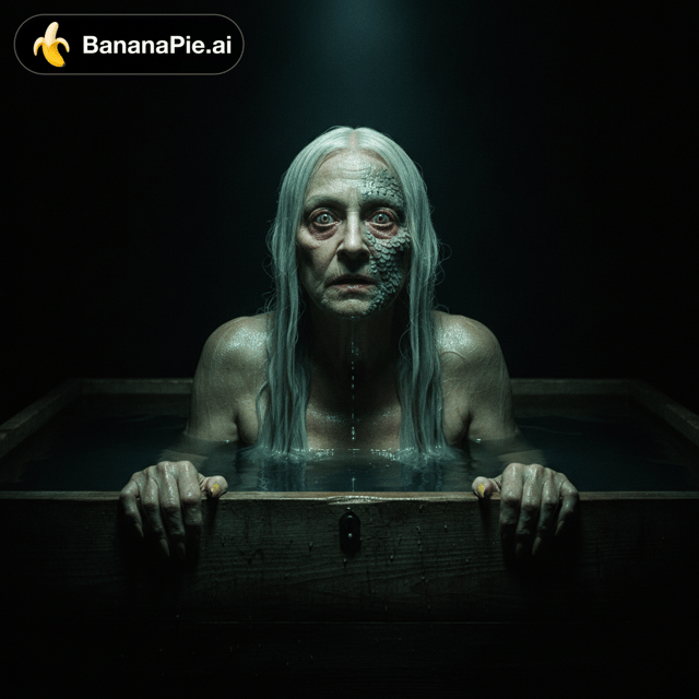 Cinematic film still, low-key lighting, near darkness. A 90-year-old woman who has lived underwater for 70 years slowly rises from a large wooden box filled with dark water, hunched posture, head pushed forward. Extremely long white hair, never cut, soaking wet, clinging to her face and body like a shroud. Eyes wide open, unblinking, bloodshot and irritated, raw red rims, pale washed-out irises. One cheek covered in fish-like scales blending into macerated, decaying grey-green skin. Long wrinkled waterlogged fingers with long yellowed nails gripping the wet wooden edge. Water dripping from hair and chin. Single hard top light from a flashlight, specular wet highlights, deep black shadows, practical prosthetic makeup, realistic skin texture, 35mm anamorphic, shallow depth of field, film grain, muted green-teal palette, Latin American folk horror