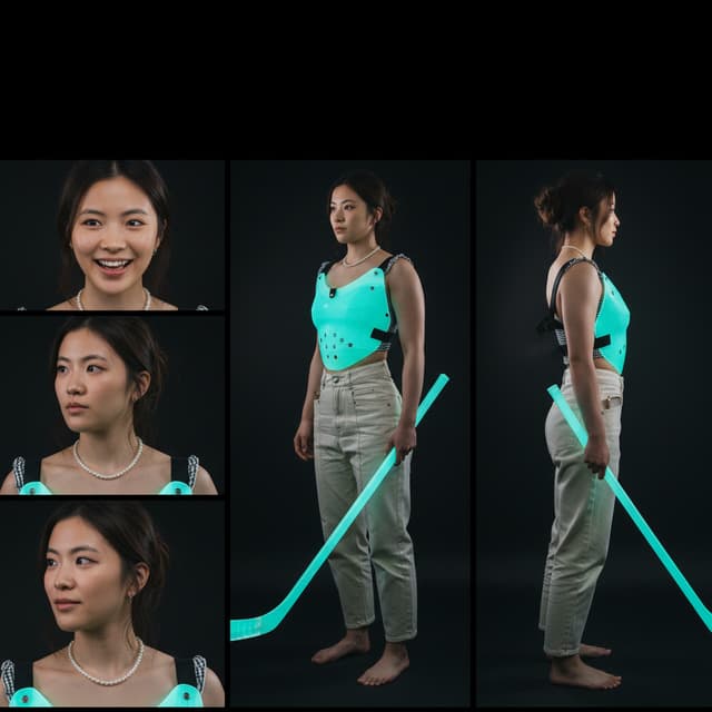Generate a raw, ultra-sharp photographic reference sheet based on the provided reference image. The generated model must accurately replicate the facial features, facial structures, identity, hair color, hairstyle, and EXACT muscular body physique, chest volume, and muscle mass of the person in the reference image. If the input reference image is an illustration, anime, or 2D artwork, forcefully convert and translate the character into a 100% realistic, high-detail real-human photographic subject while preserving their core identity and features. Concept: "Engineered Transcendent Beauty" fused with "Rare Genetic Hyper-Volumetric Growth." Captured with specified digital camera era aesthetic: absolute pitch-black ambiance illuminated solely by phosphorescent material glow, zero studio lights, zero key light, zero camera flash, zero bokeh, era-specific sensor clarity. Background: Unified solid seamless pitch-black environment. NO GRID LINES, NO BORDERS.

### 1. ABSOLUTE COORDINATE POSITIONING & FRAMING (NO TEXT, NO LABELS)
- ALL full-body views MUST be fully visible from head to toe within the frame without any cropping at the feet or toes. Adequate floor space must be visible beneath the feet.
- [Far-Left Upper]: Head-to-neck close-up, Front view. THE VERY TOP EDGE AND SHOULDER STRAPS OF THE GIANT TORSO MASK ARE PARTIALLY VISIBLE AT THE VERY BOTTOM OF THE FRAME (見切れ).
- [Far-Left Lower]: Head-to-neck close-up, Side Profile view. THE VERY TOP EDGE AND SHOULDER STRAPS OF THE GIANT TORSO MASK ARE PARTIALLY VISIBLE AT THE VERY BOTTOM OF THE FRAME (見切れ).
- [Center-Left]: Full-body, Three-Quarter Front View (Turned 45 degrees to the left). STRICTLY NEUTRAL STRAIGHT-STANDING A-POSE, NO ACTION POSING, NO DYNAMIC POSES. (Wearing an oversized, custom one-piece leotard-style phosphorescent Jason hockey mask plate covering the entire chest, abdomen, and pelvic torso; face, head, arms, and legs are completely unmasked bare skin. Holding a glowing phosphorescent ice hockey stick downwards in hand).
- [Center-Right]: Full-body, Three-Quarter Back View (Turned 45 degrees away to the right). STRICTLY NEUTRAL STRAIGHT-STANDING A-POSE, NO ACTION POSING, NO DYNAMIC POSES. (Showing the back profile of the giant glowing phosphorescent torso hockey mask casing with black fastening straps across the back, bare legs and arms, holding a glowing phosphorescent ice hockey stick).
- [Far-Right]: Full-body Side Profile View. STRICTLY NEUTRAL STRAIGHT-STANDING A-POSE, NO ACTION POSING, NO DYNAMIC POSES. (Showing the lateral side profile of the contoured phosphorescent torso hockey mask armor piece with side straps, holding a glowing phosphorescent ice hockey stick, unmasked face and bare limbs exposed).

### 2. IDENTITY, BODY MODIFICATION & ACCESSORY REPLICATION
- Accurately preserve and match the core structural facial features, identity, eyes, nose, lips, jawline, hair color, and haircut from the input reference image across all panels.
- **MANDATORY ELEMENT REPLICATION:** The AI must detect and accurately replicate all non-clothing elements and specific outer items present in the reference image across all applicable views. This includes, but is not limited to: tattoos, body paint, scars, birthmarks, jewelry/accessories, headwear (hats, crowns, tiaras), eye patches, bags, backpacks, held or equipped items (along with the required phosphorescent ice hockey stick), animal ears (cat ears, dog ears, fox ears, etc.), and any accompanying animals.
- **ANIMAL EAR ANATOMICAL OVERRIDE:** IF animal ears (cat, dog, fox ears, etc.) are present, the subject MUST NOT have normal human ears. Human ears must be completely non-existent on the head. Instead, the root and anatomical base of the animal ears must begin precisely where human ears would normally be located, seamlessly extending and connecting all the way up to the animal ears structure across all views.
- **ABSOLUTE CLOTHING REMOVAL:** ALL fabric clothing, jackets, shirts, pants, underwear, or overgarments MUST BE COMPLETELY REMOVED. The subject wears NO fabric clothes under or over the torso mask armor piece.
- **MANDATORY POSITIONING:** To ensure the core physique and torso mask outfit remain 100% visible, held items (ice hockey stick) must be held naturally at the side facing downwards so they **DO NOT obscure or cover the chest, torso, and pelvic regions**.
- **FOOTWEAR REPLICATION (CONDITIONAL):** The subject must be strictly BAREFOOT by default. However, **ONLY IF** socks, tights, or shoes are explicitly present in the reference image, they must be accurately replicated across all full-body views.
- **EXPRESSION RULE (PANEL-SPECIFIC):** 
  - For close-up panels ([Far-Left Upper], [Far-Left Lower]): Strictly preserve and reproduce the exact facial expression present in the reference image.
  - For all full-body views: Neutralize the facial expression completely to a strictly neutral, calm, expressionless, flat resting face (真顔) with naturally closed lips and relaxed muscles.

### 3. TECHNICAL BODY & PHYSIQUE DETERMINATION (STRICT COMPLIANCE)
- **PHYSIQUE REPLICATION (MANDATORY):** The subject's exact chest size, pectoral volume, muscle mass, muscle striations, body fat percentage, shoulder width, and overall muscular balance shown in the reference image MUST BE 100% FAITHFULLY PRESERVED AND REPLICATED. Do NOT reduce chest/pectoral volume, do NOT slim down muscles, do NOT alter the original body frame.

### 4. ATTIRE & ACCESSORY RULES: OVERSIZED PHOSPHORESCENT TORSO HOCKEY MASK & HOCKEY STICK
- **OVERSIZED LEOTARD-STYLE TORSO HOCKEY MASK (SELF-LUMINOUS PHOSPHORESCENT LIME-GREEN):**
  - **Coverage & Form:** An oversized, custom-molded Friday the 13th style Jason Voorhees hockey mask constructed into a rigid one-piece torso armor/leotard shell that encases **ONLY the main chest, abdomen, and pelvic/groin area**. It features black harness straps over the shoulders and around the sides to secure the armor plate.
  - **Unmasked Head & Bare Limbs:** The subject's **FACE, HEAD, NECK, SHOULDERS, FULL ARMS, and FULL LEGS** are completely unmasked, exposed natural bare skin. NO mask on the face.
  - **Material & Glow:** Smooth molded resin/hard plastic coated with high-intensity phosphorescent glow-in-the-dark material. The mask radiates an eerie neon lime-green ambient luminescence that acts as the primary illumination source in the dark, softly casting a vivid green glow onto the subject's face, chin, bare arms, and legs.
  - **Significantly Enlarged Cutouts & Holes:** Features **significantly enlarged, oversized eye cutouts (大きく拡張された目の孔)** and **enlarged, distinctly prominent circular ventilation holes (一回り大きく強調された通気口)** arranged across the chest and stomach areas, along with iconic black/red triangle emblems and weathered surface texture.
- **HELD ITEM (GLOWING PHOSPHORESCENT ICE HOCKEY STICK):**
  - The subject securely holds a full-length **ice hockey stick** coated in the same phosphorescent glow-in-the-dark material, emitting a matching neon-green ambient glow in the darkness.
- **STRICTLY PROHIBITED CLOTHING:** FABRIC SHIRTS, PANTS, JACKETS, COATS, LEOTARDS, LINGERIE, UNDERWEAR FABRIC, LACE, PATTERNS, OR ANY SEPARATE FABRIC CLOTHING LAYER.

### 5. LIGHTING: ABSOLUTE ZERO STUDIO LIGHTS (PHOSPHORESCENT GLOW ONLY)
- **Camera Era (Select ONE randomly):** [Year 2000 Digicam, Year 2010 DSLR, Year 2020 Mirrorless, Year 2021 Pro-DSLR, Year 2024 State-of-the-art Digital Camera].
- **Lighting Dynamics:** COMPLETE ABSENCE OF ALL EXTERNAL LIGHTING AND FLASH. NO studio lights, NO spotlights, NO key lights. The pitch-dark scene is illuminated EXCLUSIVELY by the self-luminous neon green-yellow phosphorescent glow emanating directly from the torso hockey mask and the ice hockey stick, softly revealing skin contours and anatomical silhouettes in the pitch darkness.
- **Stance & Framing:** **STRICTLY BAREFOOT with highly detailed soles and toes**. Full body must be 100% visible from head to soles without any edge cropping across all three full-body panels.

### 6. ABSOLUTE OUTPUT CONSTRAINT
- **STRICT PROHIBITION:** NO TEXT. NO labels. NO UI. NO watermarks. NO wavy moire patterns. NO digital interference fringes or contour-like fabric lines. NO 2D artwork, anime shading, or illustration styles. 100% graphic photographic output only.