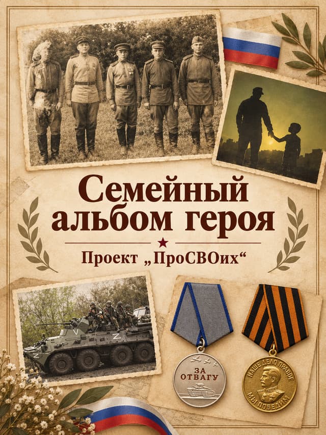 Создай обложку семейного альбома героя: используй не мрачные цвета, используй немного винтажный стиль, используй мои картинки в качестве элементов композиции: картинка 1, картинка 2, картинка 3, картинка 4, картинка 5, картинка 6, флаг России. Не меняй людей и лица на картинках. Центральный элемент: "Семейный альбом героя", "Проект "ПроСВОих""