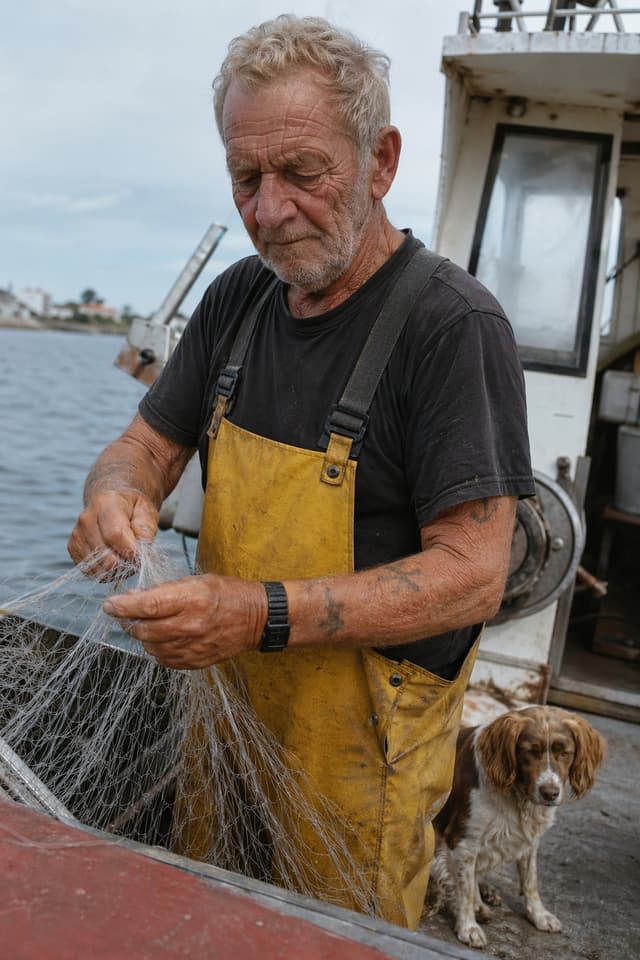 A photorealistic portrait of a fisherman that was generated rather than photographed, so it carries no camera or location data