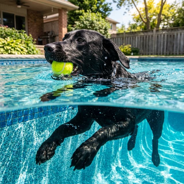 A black labrador underwater, rendered at full resolution with fur and water detail intact