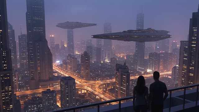 A science fiction city at dusk, with ships and towers receding far into the distance