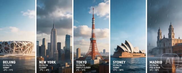 Five city cards generated at the same vertical ratio, ready to publish without cropping