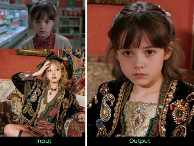 The same portrait before and after, with clothing and setting replaced from a written instruction