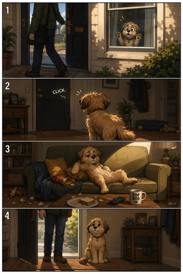 A four panel comic in which the same dog is added, moved, and removed between frames