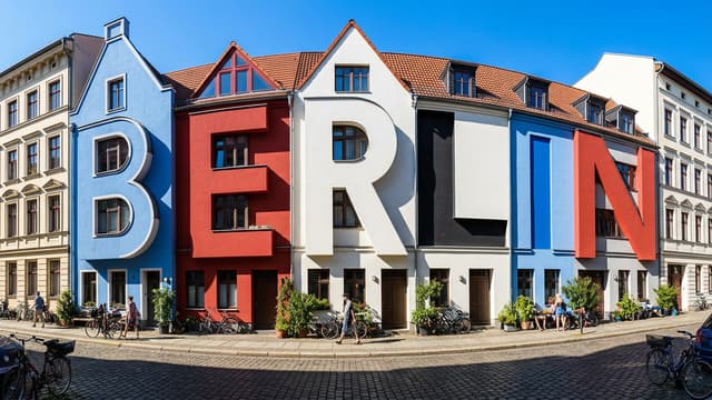 The word Berlin built into a row of building facades, generated from a single line of text