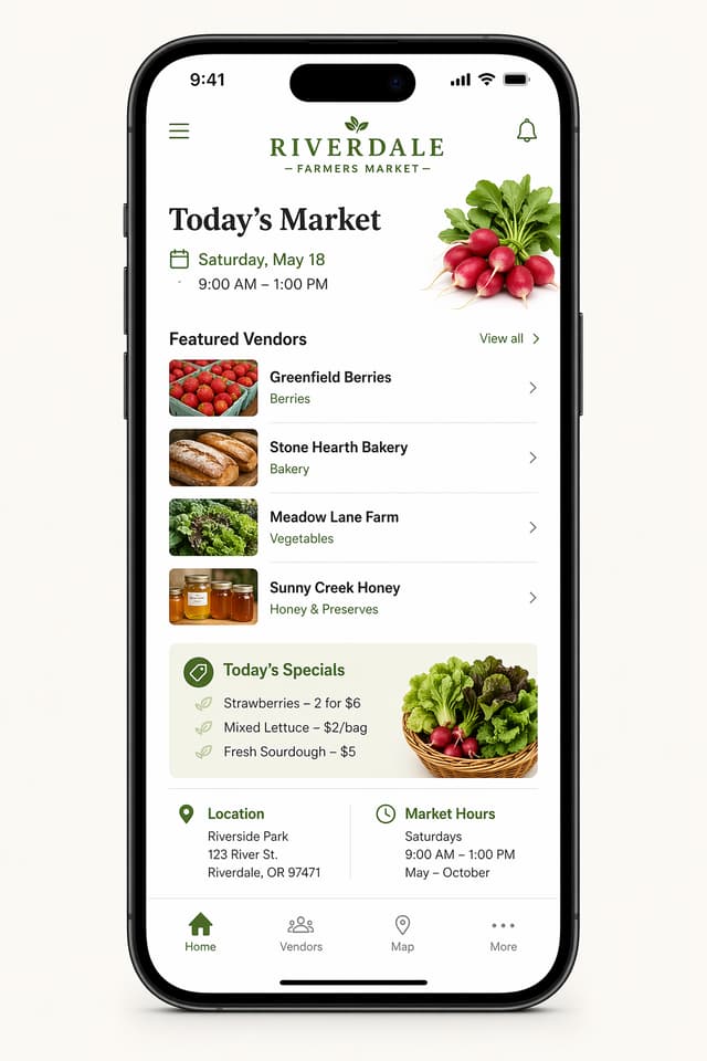A farmers market app screen generated as a finished interface mockup
