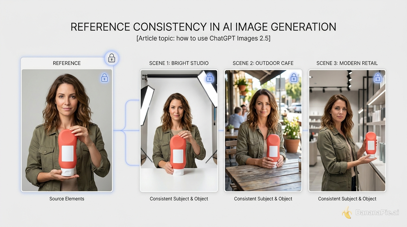 Reference images preserving the same person and product across three scenes