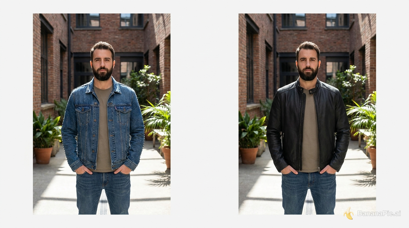 Before-and-after jacket edit that preserves the person, pose, and background