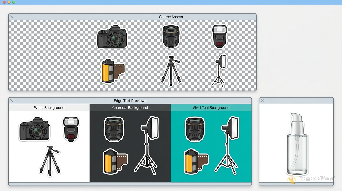 Isolated sticker and product assets shown on transparent and colored backgrounds
