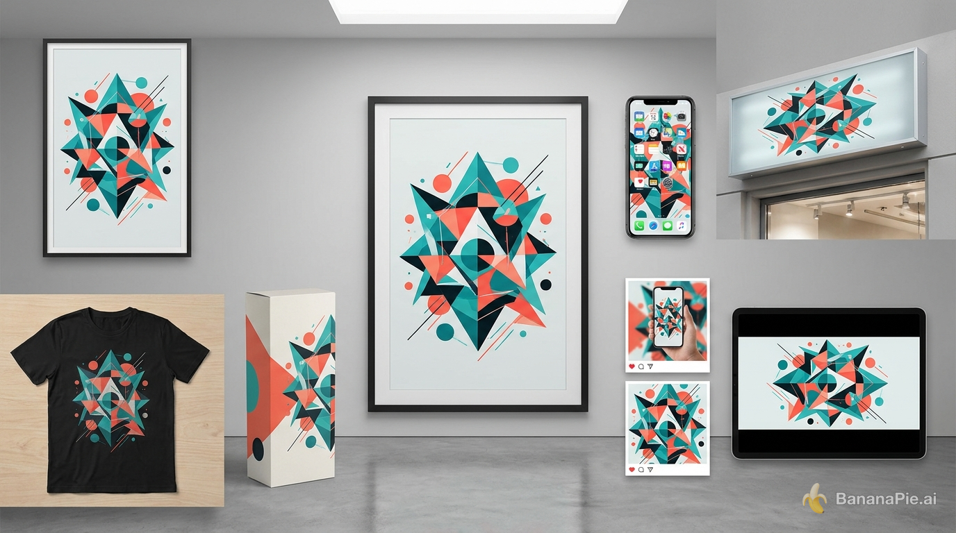 One master product visual adapted into posters, apparel, packaging, and social formats