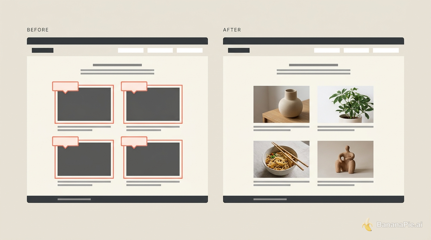 Übereinstimmende Website-Layouts mit ausgetauschten Bildkacheln und unverändertem umgebendem Layout.