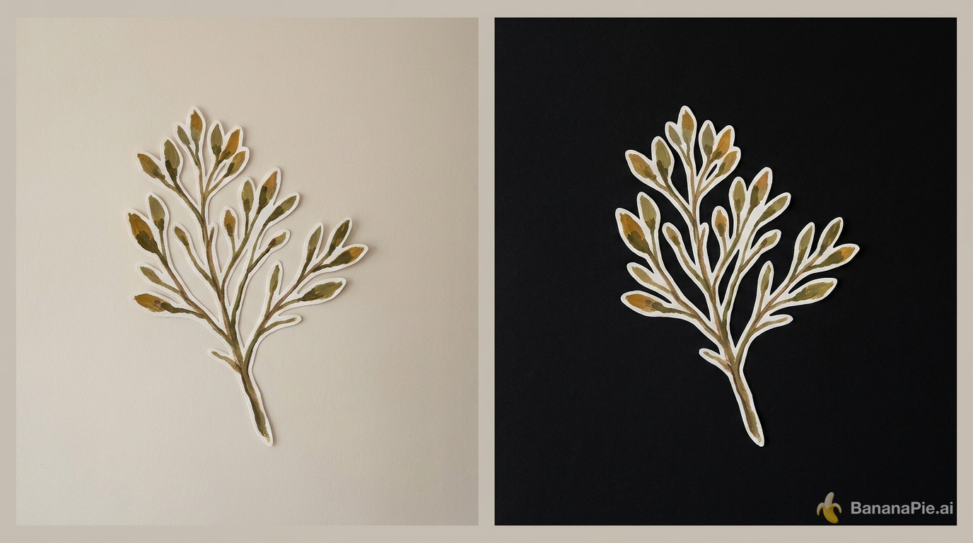 Ein freigestelltes botanisches Gemälde auf hellem und schwarzem Hintergrund zeigt seine feinen Blattränder.