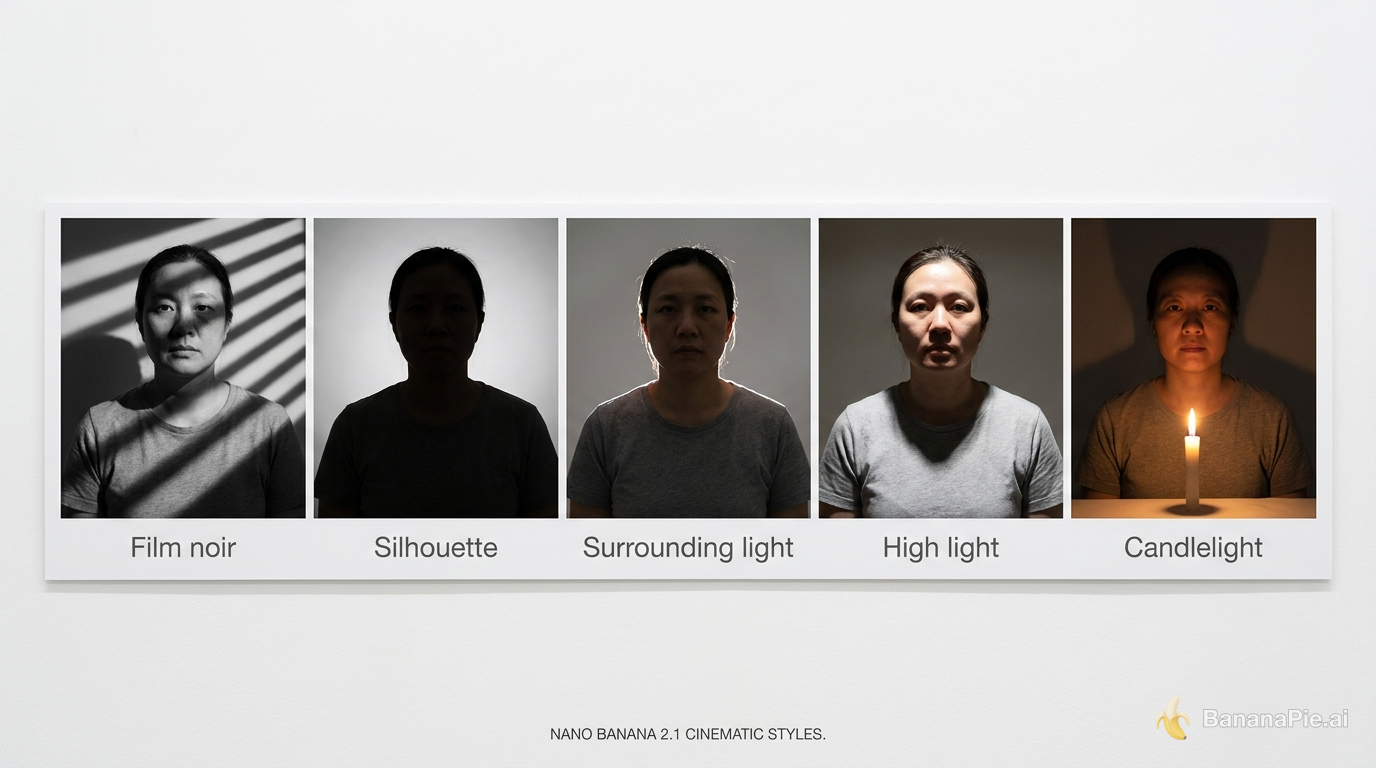 The same portrait under film noir, silhouette, rim light, high light and low candlelight treatments.