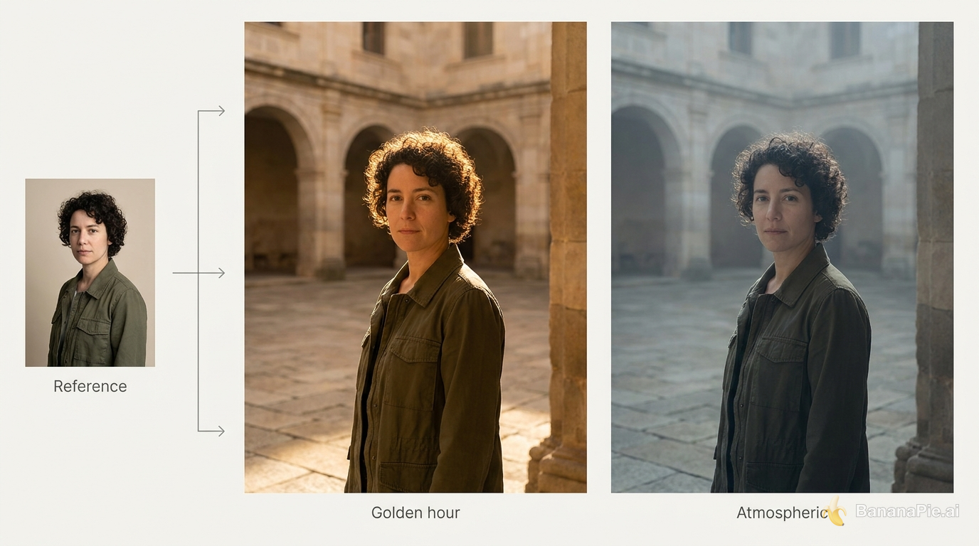 A character reference followed by matching courtyard portraits in golden-hour and atmospheric lighting.
