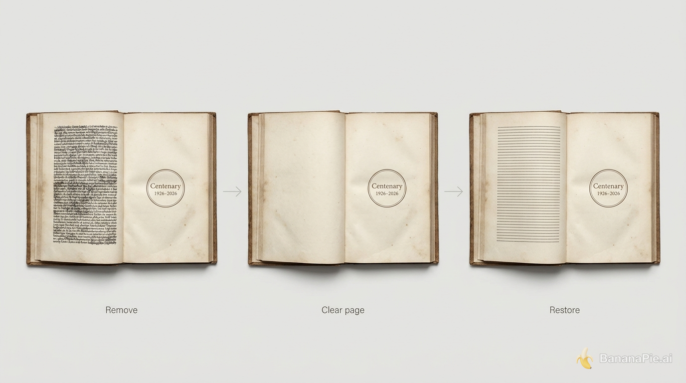An old book spread progresses from left-page text to a cleared page and restored, evenly spaced lettering.