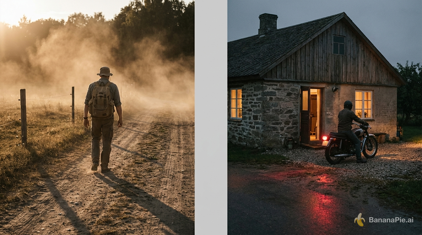 Sunlit airborne dust beside a dusk house scene with warm windows and red motorcycle brake lights.