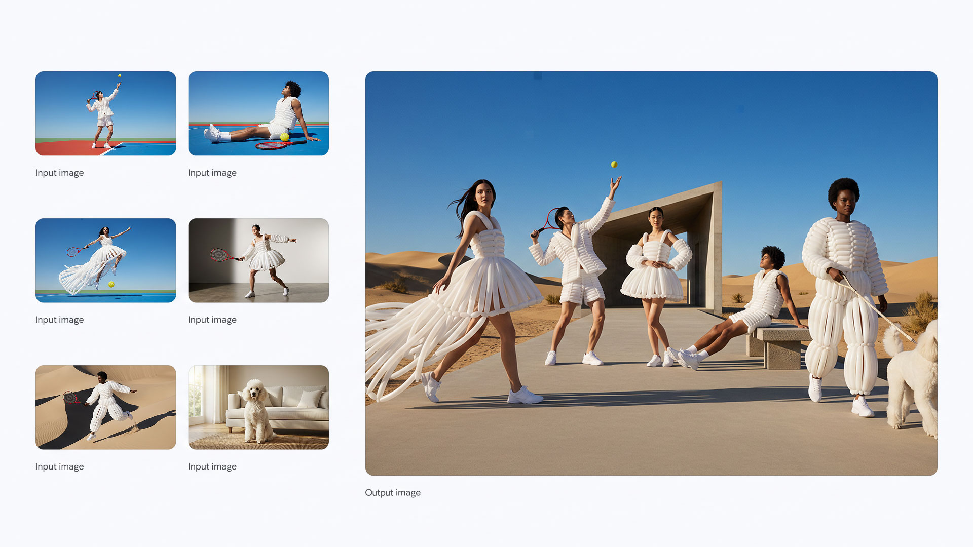 Nano Banana Pro — Editorial fashion shoot in the desert, six reference faces kept consistent across the series